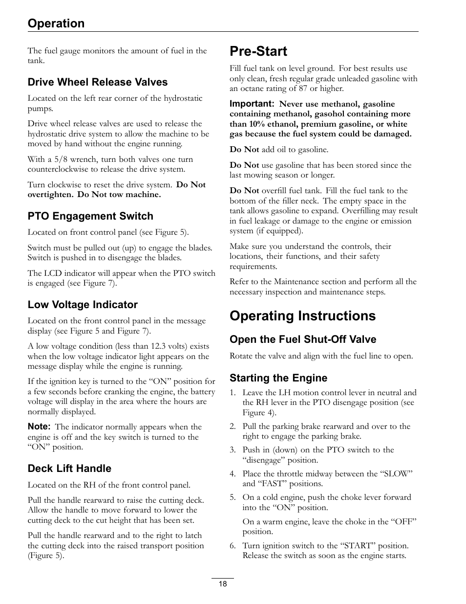 Pre-start operating instructions, Pre-start, Operating instructions | Operation | Exmark Vantage 000 & Higher User Manual | Page 18 / 56