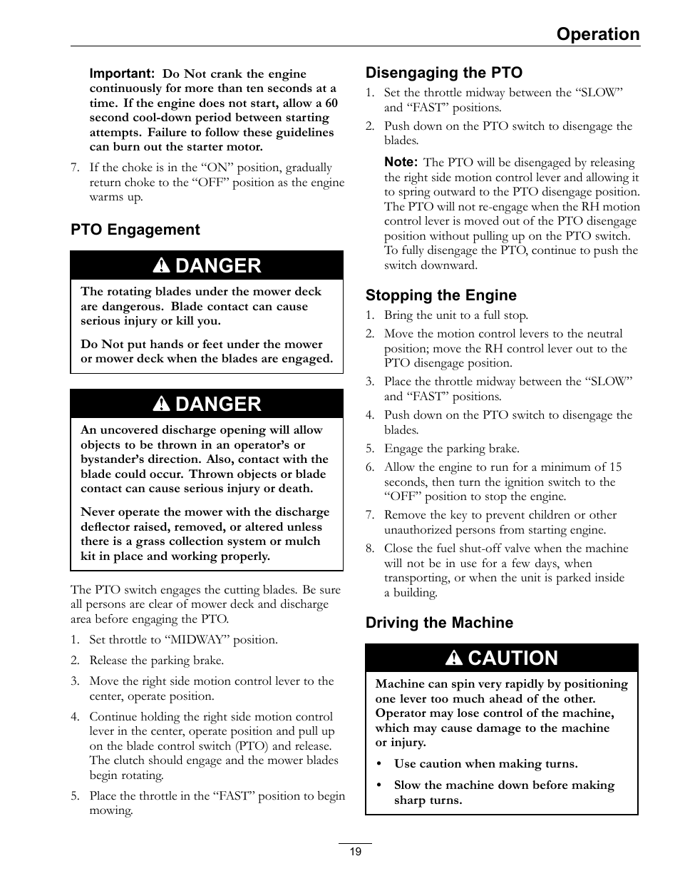 Danger, Caution, Operation | Exmark Vantage 000 & Higher User Manual | Page 19 / 56