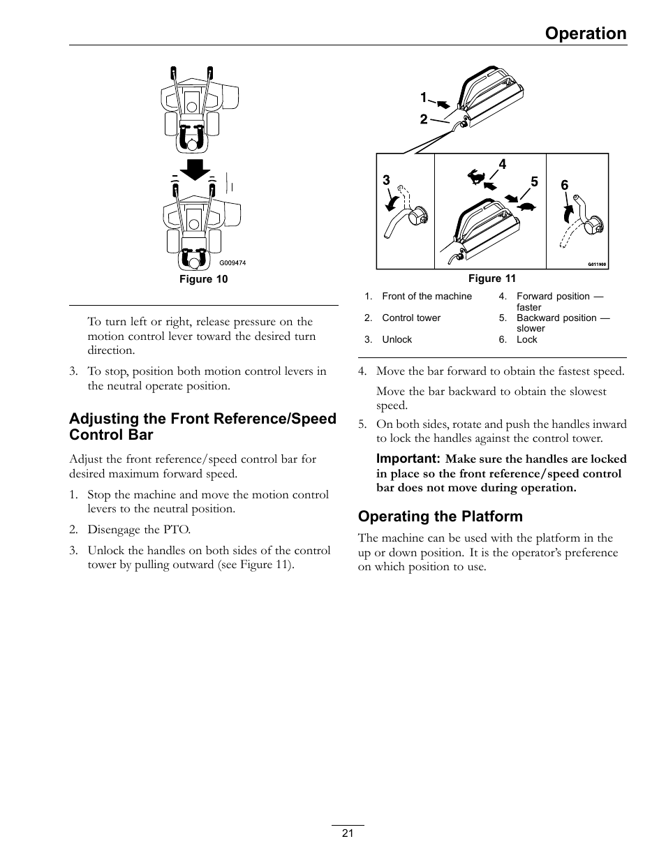 Operation, Adjusting the front reference/speed control bar, Operating the platform | Exmark Vantage 000 & Higher User Manual | Page 21 / 56