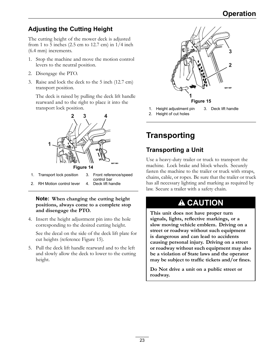 Transporting, Caution, Operation | Adjusting the cutting height, Transporting a unit | Exmark Vantage 000 & Higher User Manual | Page 23 / 56