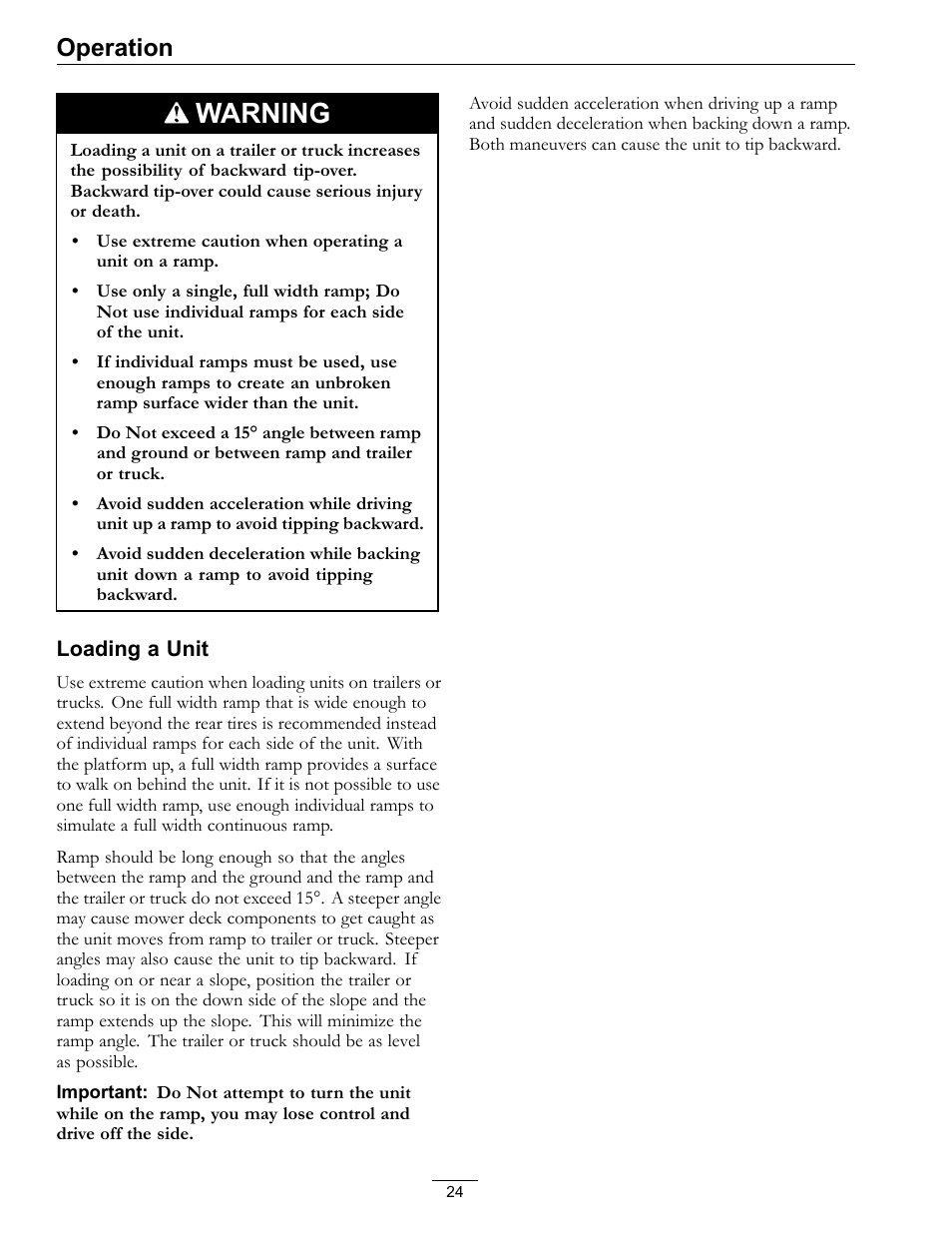 Warning, Operation | Exmark Vantage 000 & Higher User Manual | Page 24 / 56