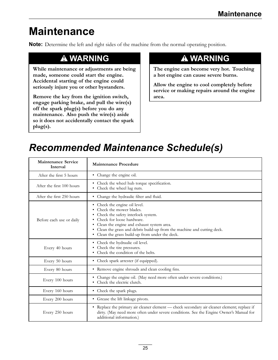 Maintenance, Recommended maintenance schedule(s), Warning | Exmark Vantage 000 & Higher User Manual | Page 25 / 56