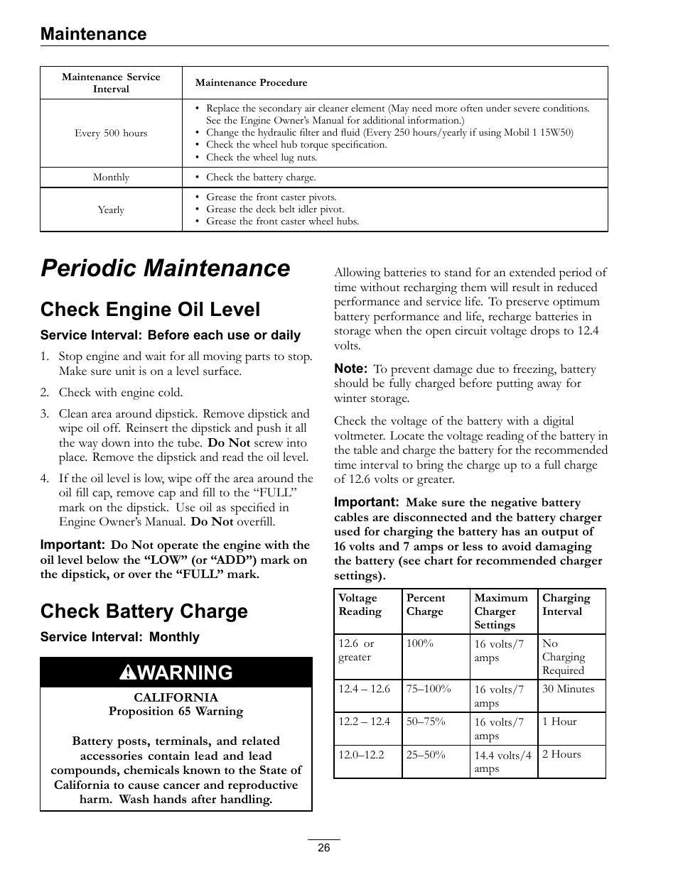 Periodic maintenance, Check engine oil level check battery charge, Check engine oil level | Check battery charge, Warning, Maintenance | Exmark Vantage 000 & Higher User Manual | Page 26 / 56