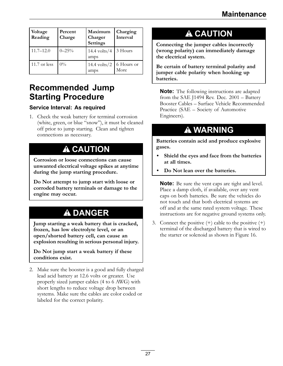 Recommended jump starting procedure, Caution, Danger | Warning, Maintenance | Exmark Vantage 000 & Higher User Manual | Page 27 / 56