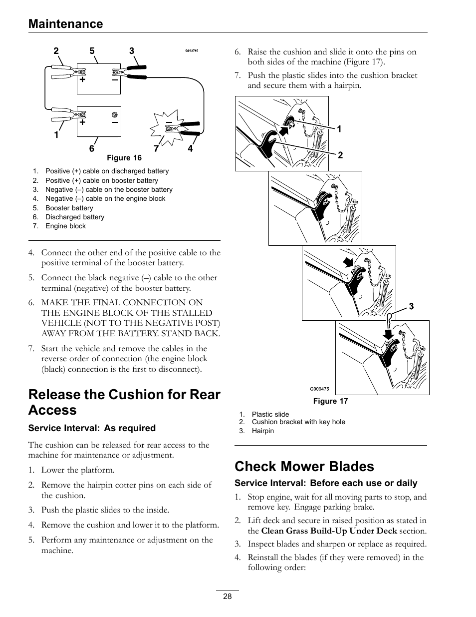 Check mower blades, Release the cushion for rear access, Maintenance | Exmark Vantage 000 & Higher User Manual | Page 28 / 56