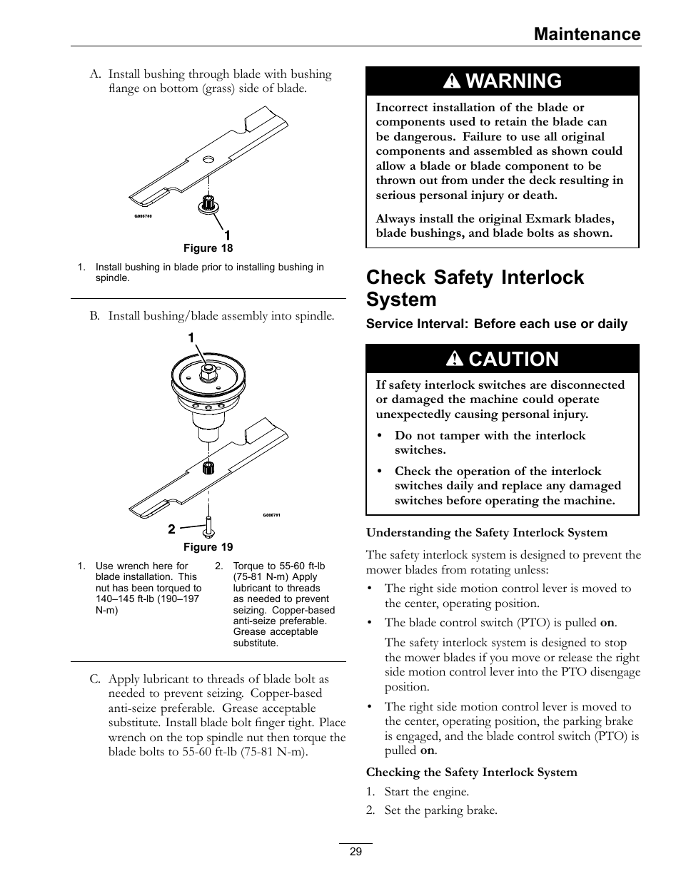Check safety interlock system, Warning, Caution | Maintenance | Exmark Vantage 000 & Higher User Manual | Page 29 / 56