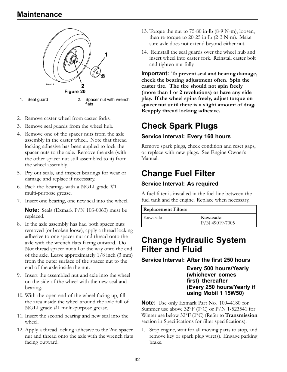 Fluid, Check spark plugs, Change fuel filter | Change hydraulic system filter and fluid, Maintenance | Exmark Vantage 000 & Higher User Manual | Page 32 / 56