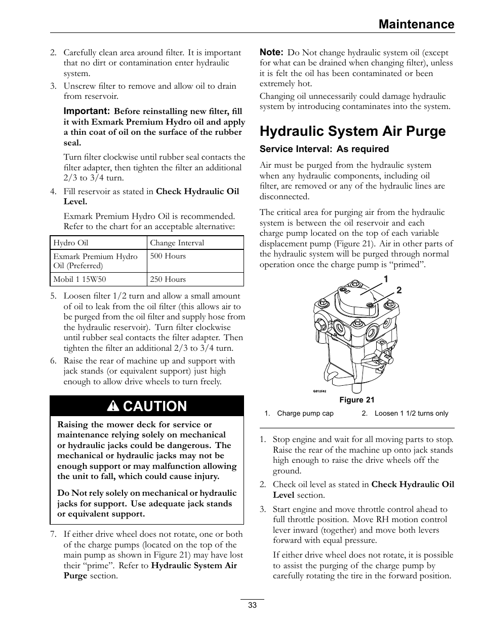 Caution, Hydraulic system air purge, Maintenance | Exmark Vantage 000 & Higher User Manual | Page 33 / 56