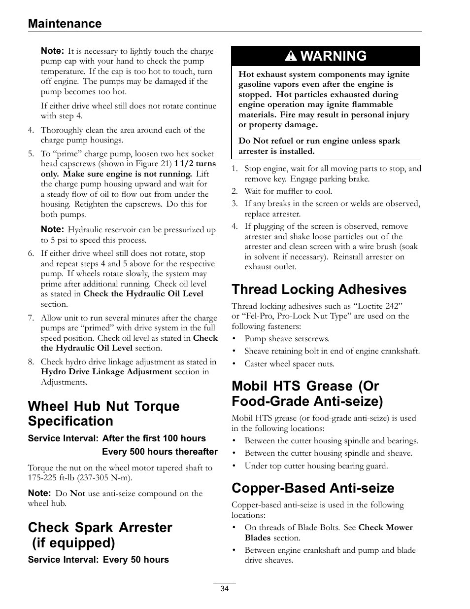 Anti-seize), Copper-based anti-seize, Wheel hub nut torque specification | Check spark arrester (if equipped), Warning, Thread locking adhesives, Mobil hts grease (or food-grade anti-seize), Maintenance | Exmark Vantage 000 & Higher User Manual | Page 34 / 56