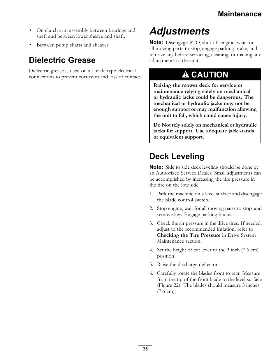 Dielectric grease, Adjustments, Deck leveling | Caution, Maintenance | Exmark Vantage 000 & Higher User Manual | Page 35 / 56