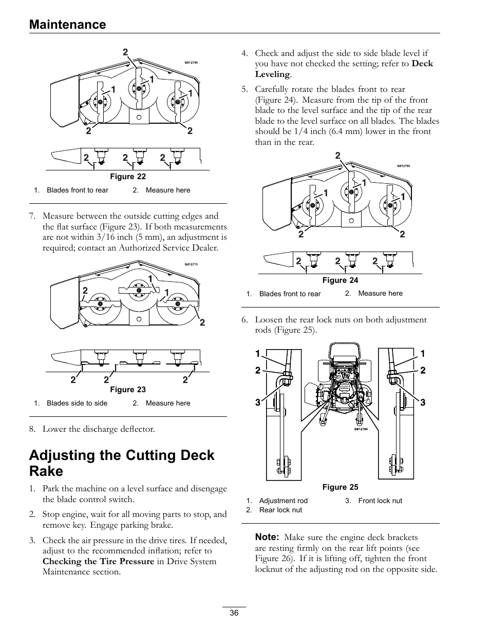 Adjusting the cutting deck rake, Maintenance | Exmark Vantage 000 & Higher User Manual | Page 36 / 56