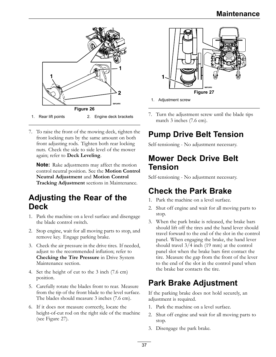 Figure 26), Adjusting the rear of the deck, Pump drive belt tension | Mower deck drive belt tension, Check the park brake, Park brake adjustment, Maintenance | Exmark Vantage 000 & Higher User Manual | Page 37 / 56