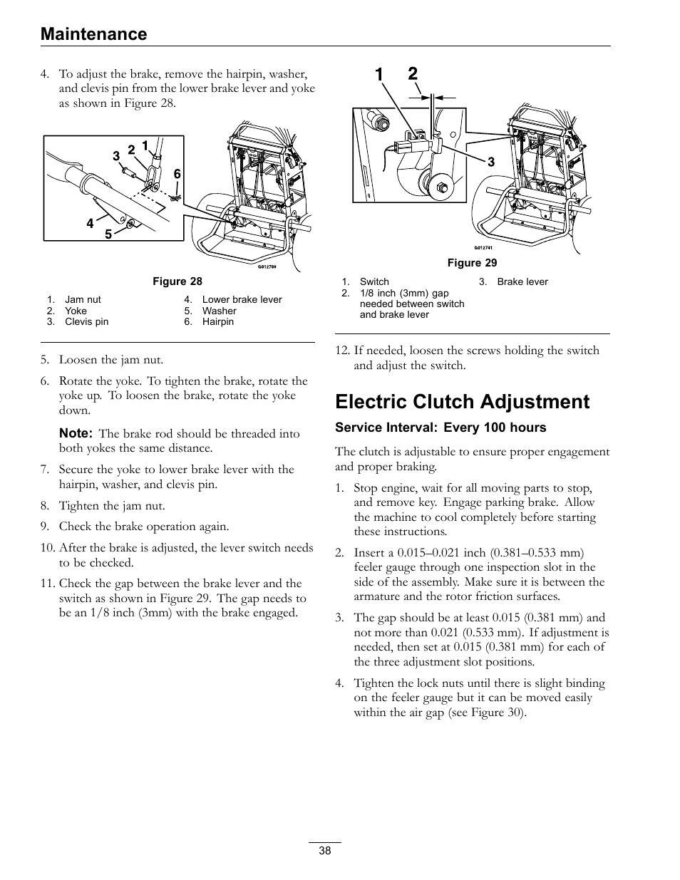 Electric clutch adjustment, Maintenance | Exmark Vantage 000 & Higher User Manual | Page 38 / 56
