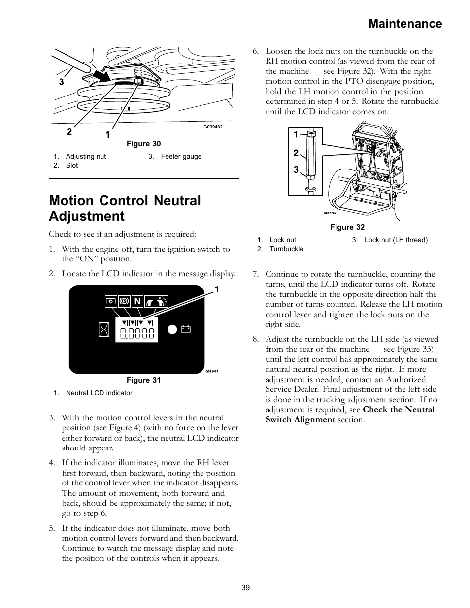 Motion control neutral adjustment, Maintenance | Exmark Vantage 000 & Higher User Manual | Page 39 / 56