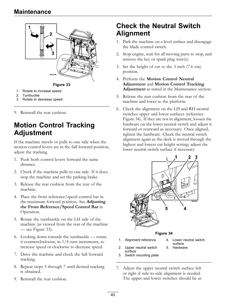 Figure 33, Motion control tracking adjustment, Check the neutral switch alignment | Maintenance | Exmark Vantage 000 & Higher User Manual | Page 40 / 56