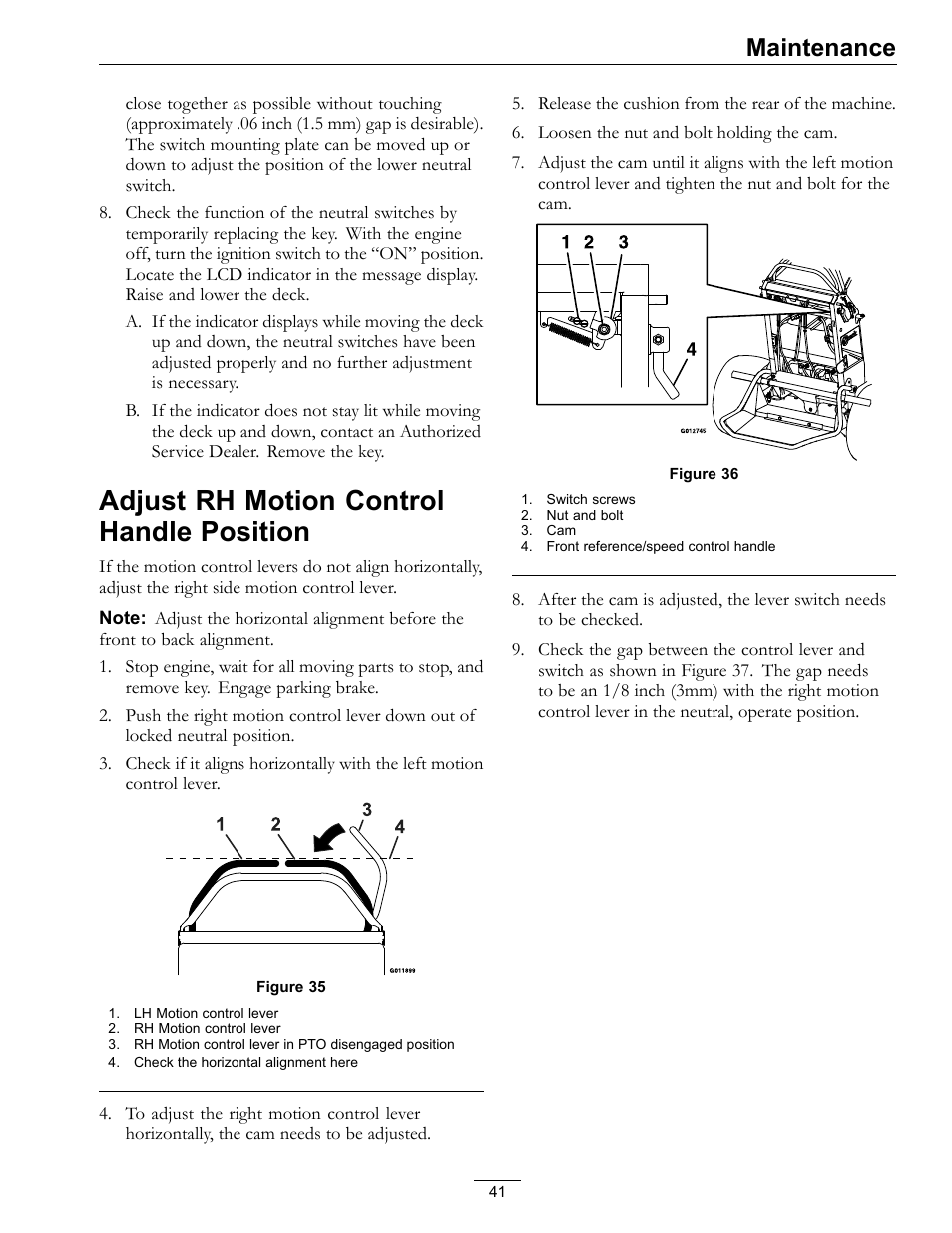 Adjust rh motion control handle, Position, Adjust rh motion control handle position | Maintenance | Exmark Vantage 000 & Higher User Manual | Page 41 / 56