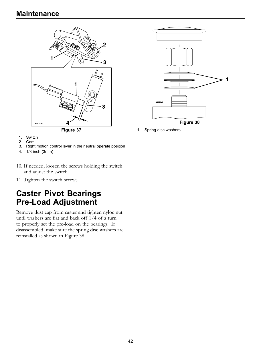 Caster pivot bearings pre-load, Adjustment, Caster pivot bearings pre-load adjustment | Maintenance | Exmark Vantage 000 & Higher User Manual | Page 42 / 56