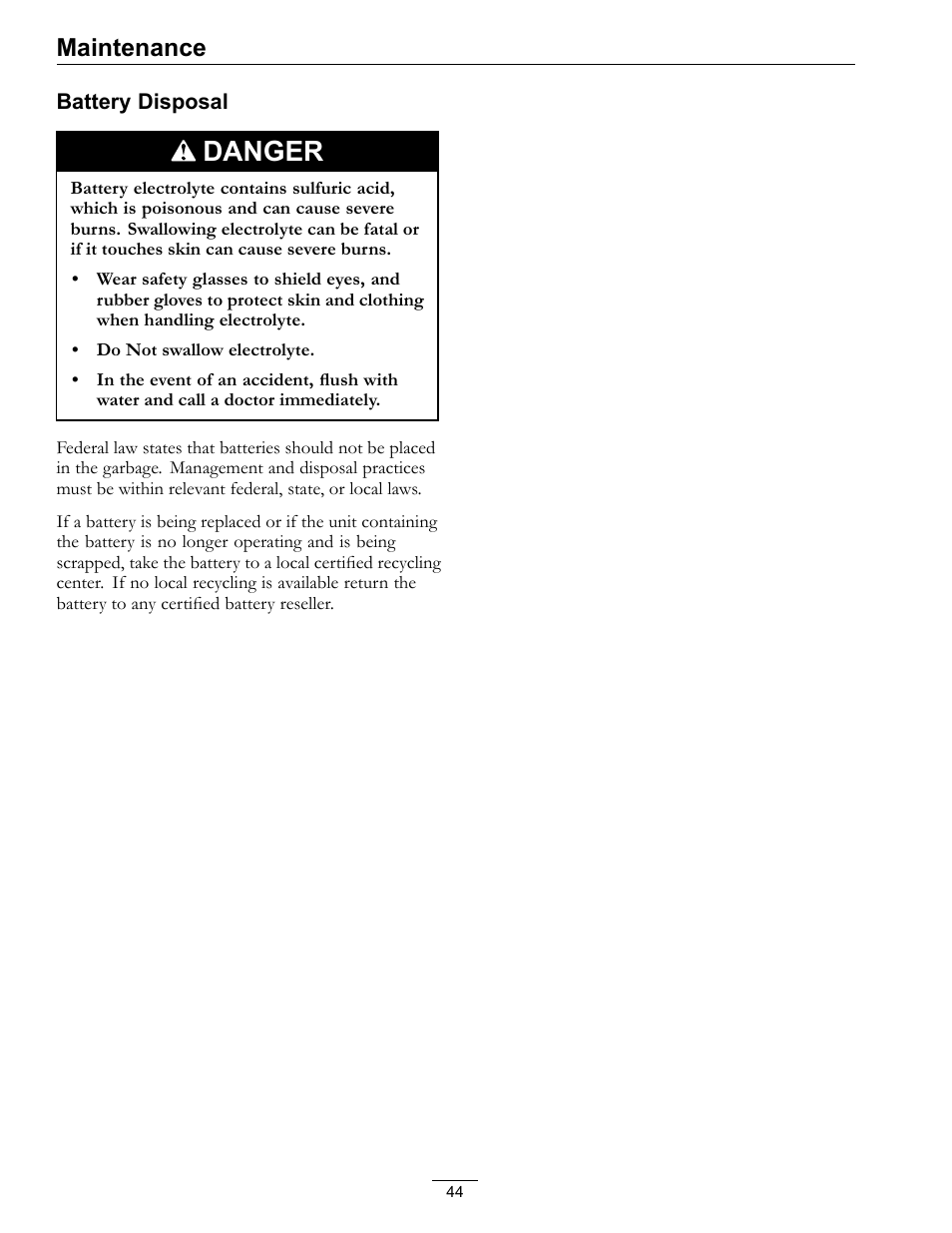 Danger, Maintenance | Exmark Vantage 000 & Higher User Manual | Page 44 / 56