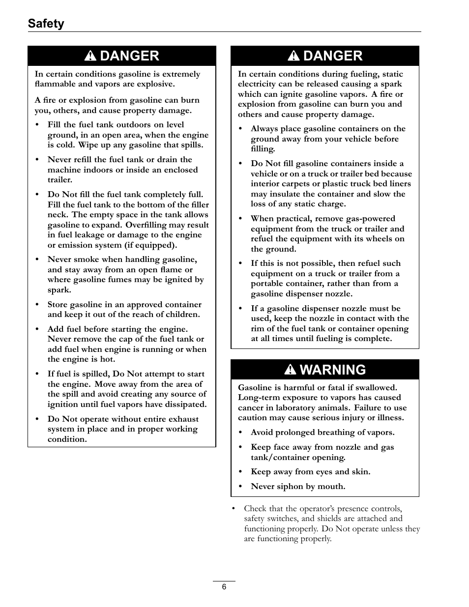 Danger, Warning, Safety | Exmark Vantage 000 & Higher User Manual | Page 6 / 56