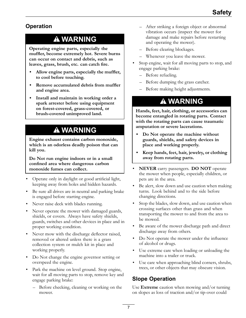 Warning, Safety | Exmark Vantage 000 & Higher User Manual | Page 7 / 56