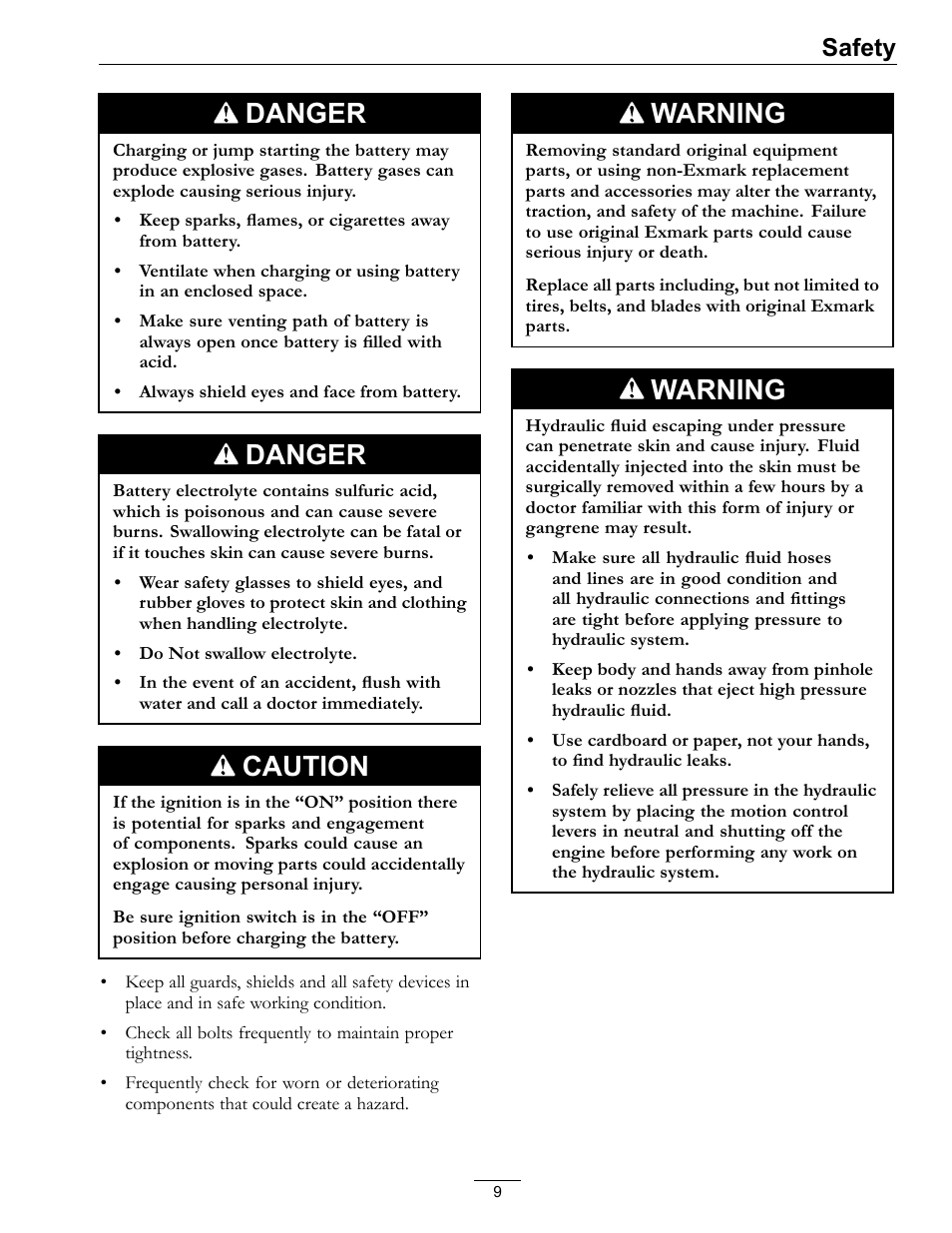 Danger, Caution, Warning | Safety | Exmark Vantage 000 & Higher User Manual | Page 9 / 56