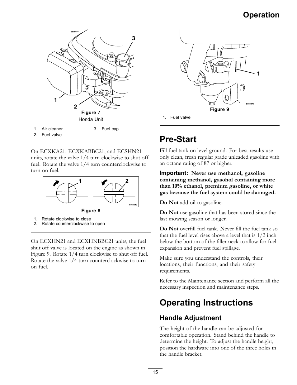 Pre-start operating instructions, Pre-start, Operating instructions | Operation, Handle adjustment | Exmark Commercial 21 4500-686 Rev. B User Manual | Page 15 / 40