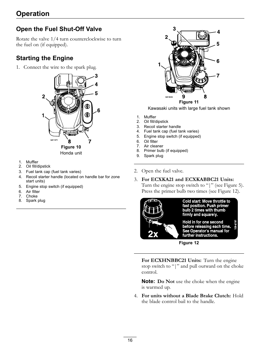 Figure 10, Figure 11, Operation | Open the fuel shut-off valve, Starting the engine | Exmark Commercial 21 4500-686 Rev. B User Manual | Page 16 / 40