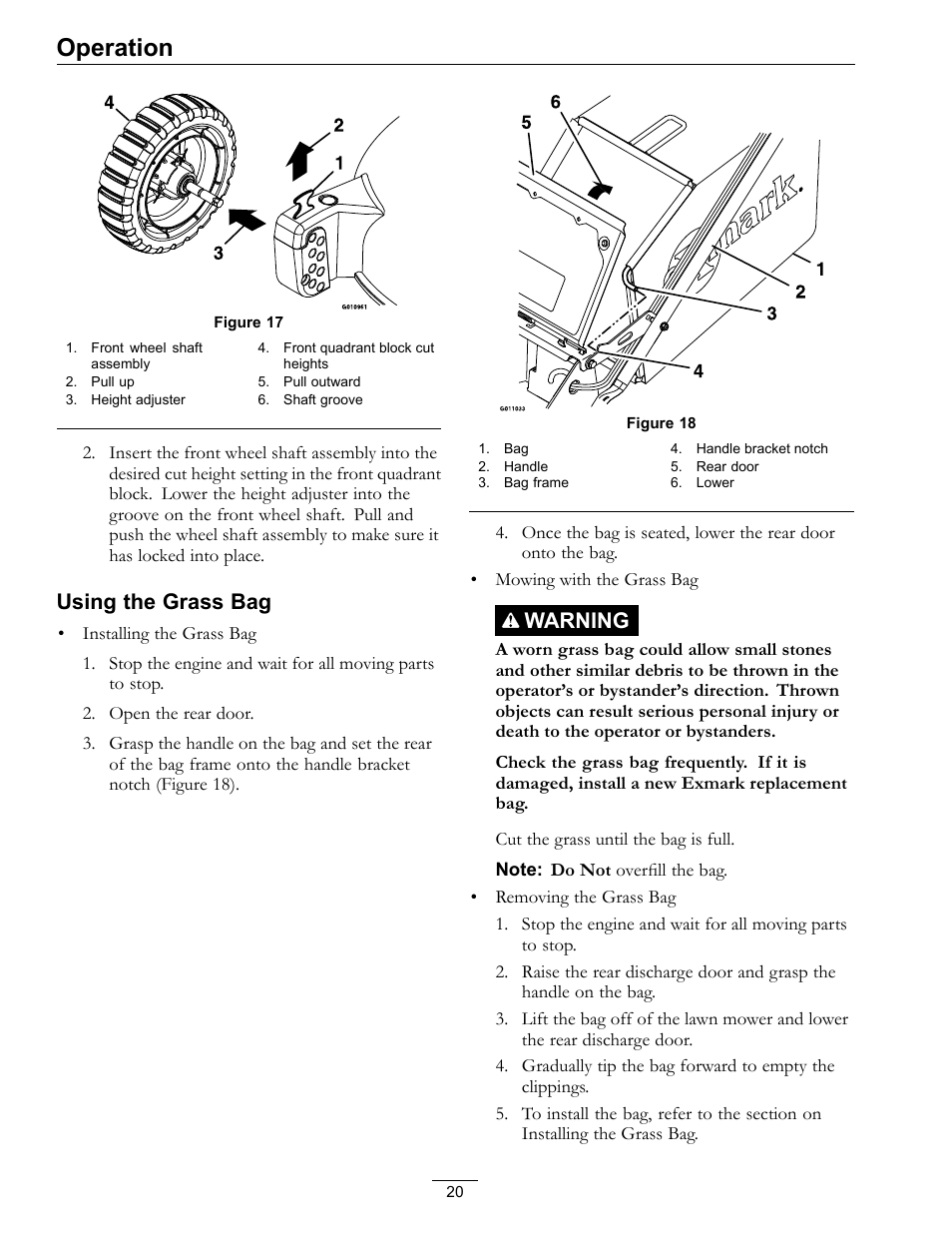 Figure 17), Operation, Using the grass bag | Warning | Exmark Commercial 21 4500-686 Rev. B User Manual | Page 20 / 40