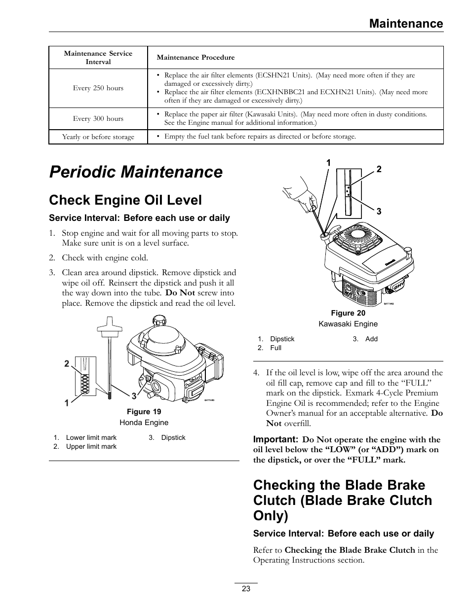 Periodic maintenance, Brake clutch only), Check engine oil level | Maintenance | Exmark Commercial 21 4500-686 Rev. B User Manual | Page 23 / 40