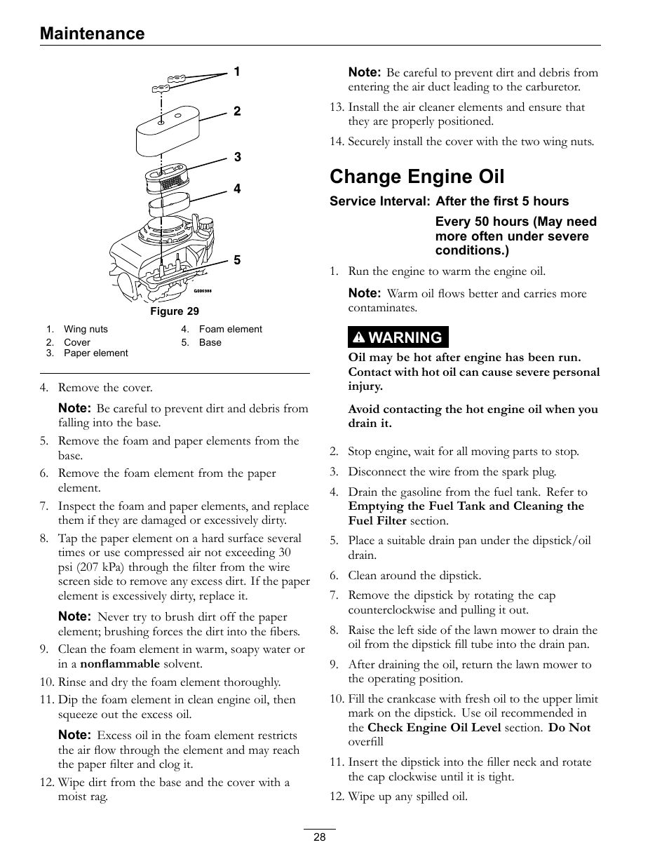 Change engine oil, Maintenance, Warning | Exmark Commercial 21 4500-686 Rev. B User Manual | Page 28 / 40