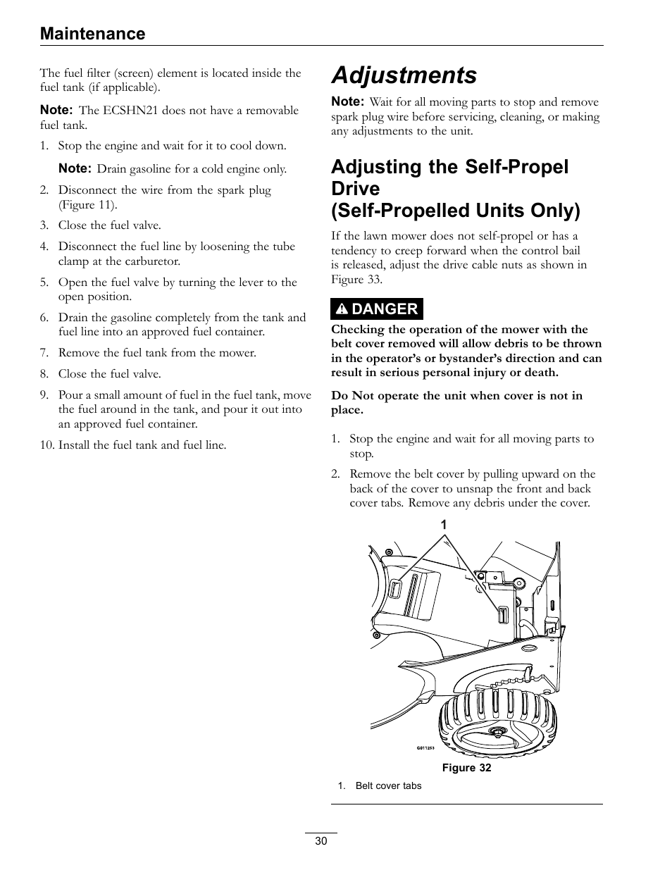 Adjustments, Adjusting the self-propel drive, Self-propelled units only) | Maintenance | Exmark Commercial 21 4500-686 Rev. B User Manual | Page 30 / 40