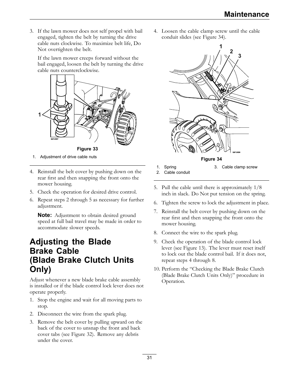 Adjusting the blade brake cable (blade, Brake clutch units only), Maintenance | Exmark Commercial 21 4500-686 Rev. B User Manual | Page 31 / 40