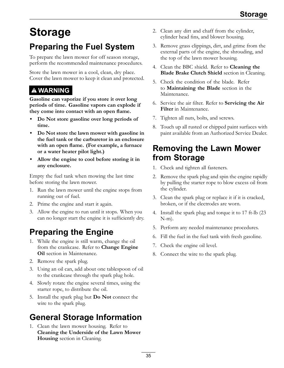 Storage, Preparing the fuel system, Preparing the engine | General storage information, Removing the lawn mower from storage | Exmark Commercial 21 4500-686 Rev. B User Manual | Page 35 / 40