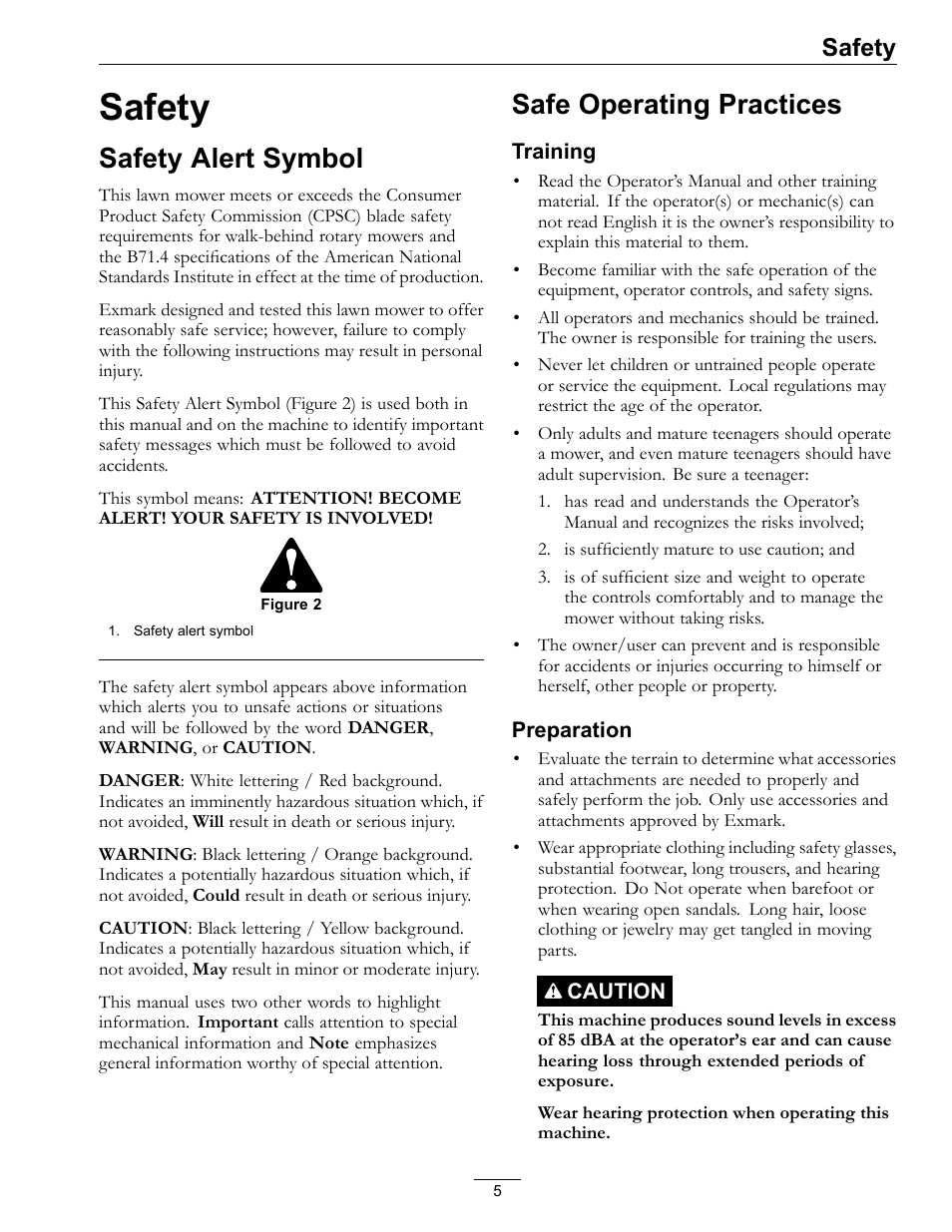 Safety, Safety alert symbol safe operating practices, Safety alert symbol | Safe operating practices | Exmark Commercial 21 4500-686 Rev. B User Manual | Page 5 / 40