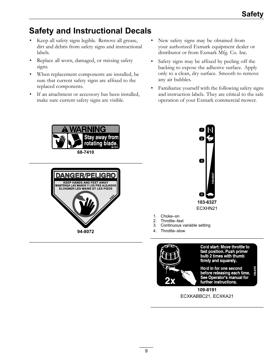 Safety and instructional decals, Safety | Exmark Commercial 21 4500-686 Rev. B User Manual | Page 9 / 40