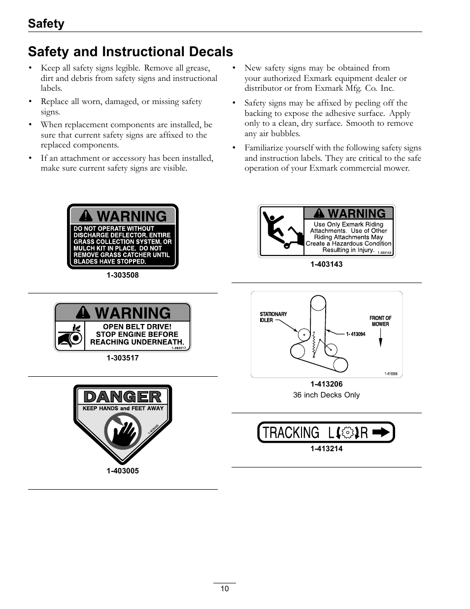 Safety and instructional decals, Safety | Exmark Turf Tracer S-Series TTS16KA363CA User Manual | Page 10 / 48