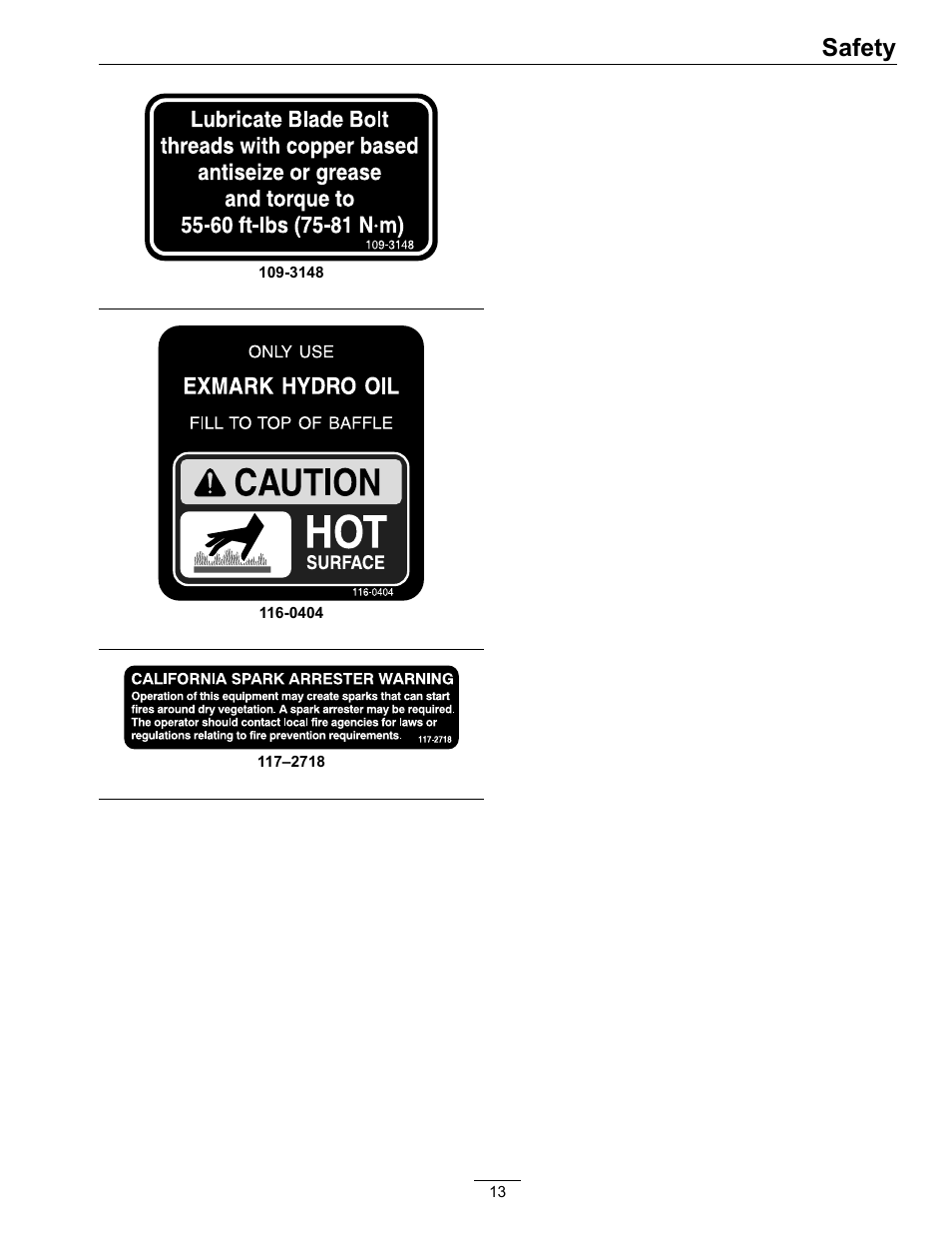 Safety | Exmark Turf Tracer S-Series TTS16KA363CA User Manual | Page 13 / 48