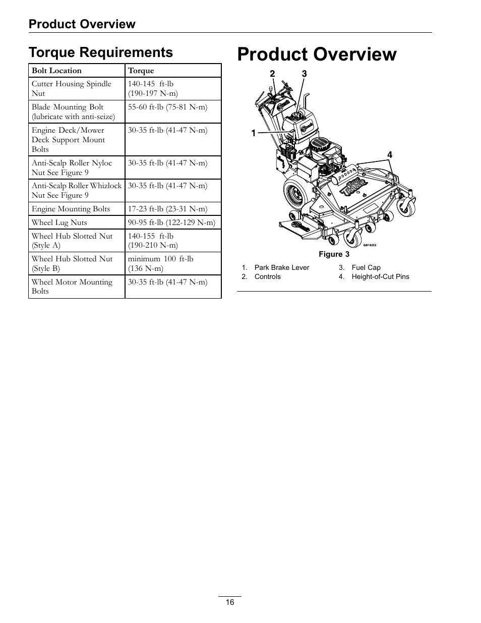 Torque requirements, Product overview | Exmark Turf Tracer S-Series TTS16KA363CA User Manual | Page 16 / 48