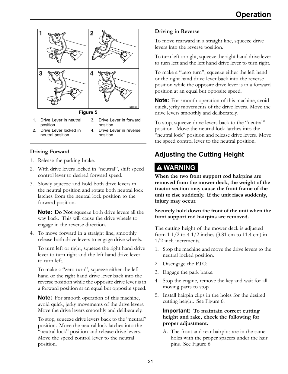 Figure 5, Operation, Adjusting the cutting height warning | Exmark Turf Tracer S-Series TTS16KA363CA User Manual | Page 21 / 48