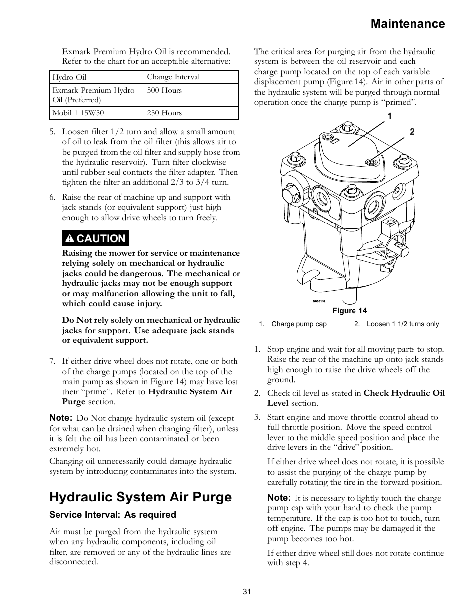 Hydraulic system air purge, Maintenance | Exmark Turf Tracer S-Series TTS16KA363CA User Manual | Page 31 / 48