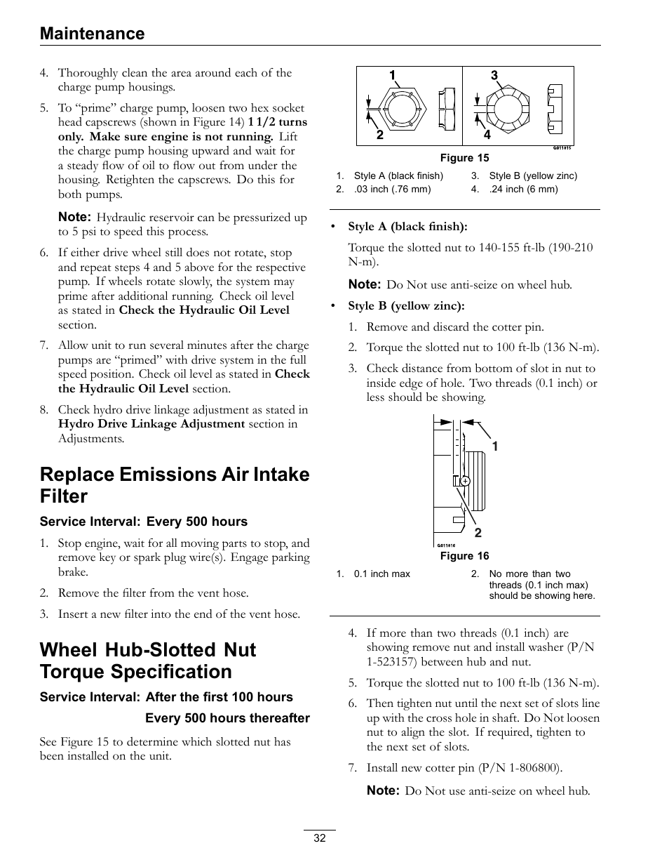 Specification, Replace emissions air intake filter, Wheel hub-slotted nut torque specification | Maintenance | Exmark Turf Tracer S-Series TTS16KA363CA User Manual | Page 32 / 48