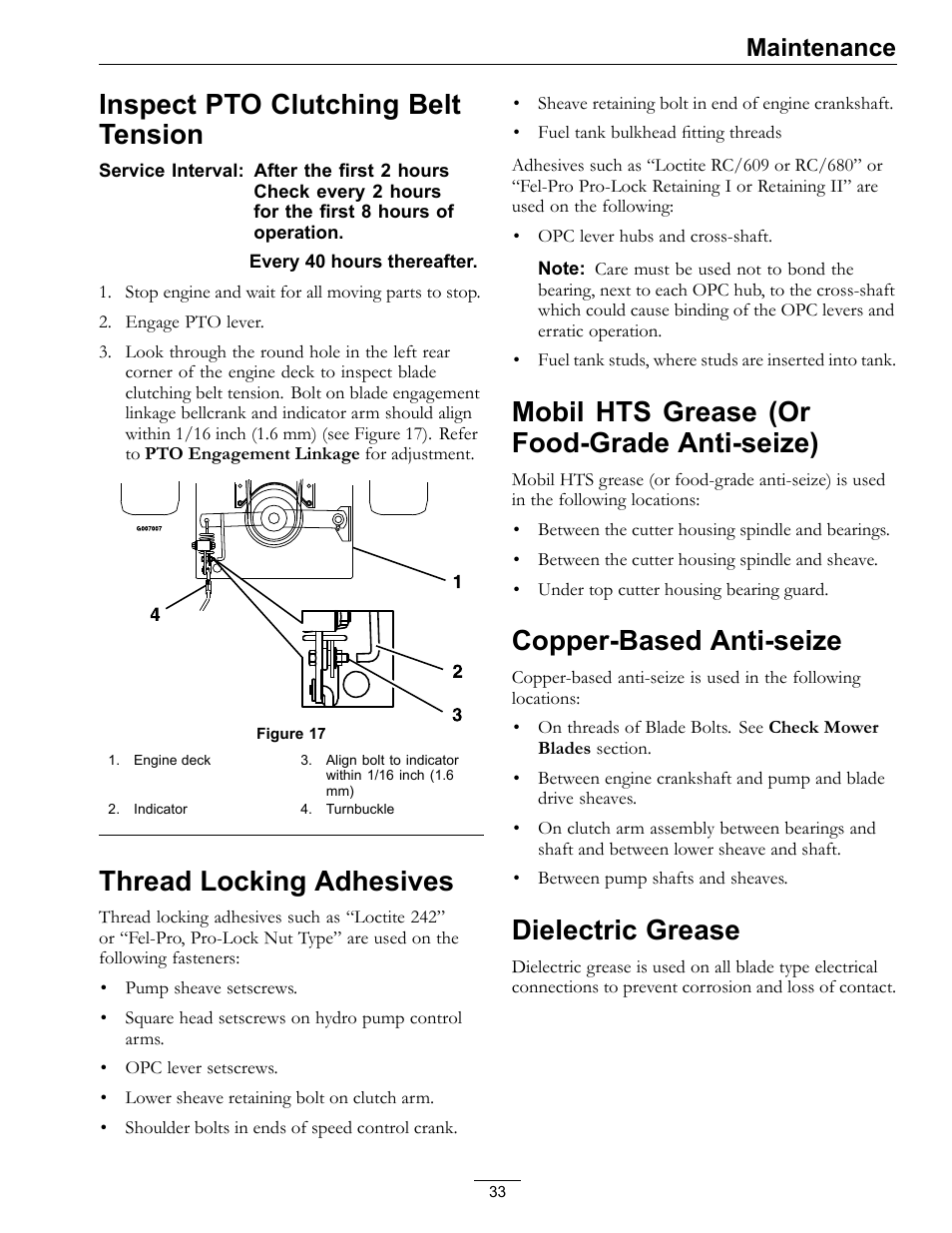 Anti-seize), Copper-based anti-seize dielectric grease, Inspect pto clutching belt tension | Thread locking adhesives, Mobil hts grease (or food-grade anti-seize), Copper-based anti-seize, Dielectric grease, Maintenance | Exmark Turf Tracer S-Series TTS16KA363CA User Manual | Page 33 / 48