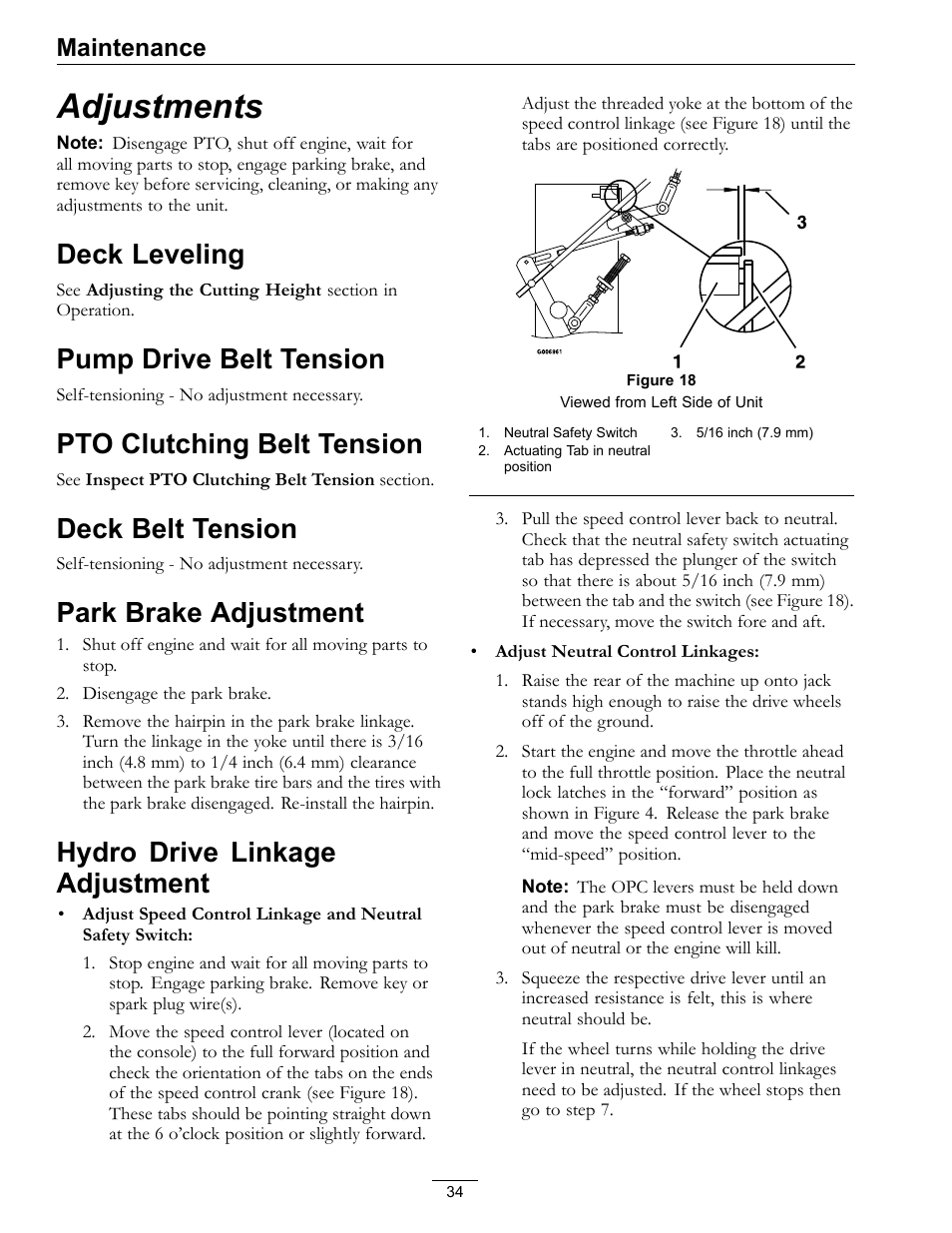 Adjustments, Deck leveling, Pump drive belt tension | Pto clutching belt tension, Deck belt tension, Park brake adjustment, Hydro drive linkage adjustment, Maintenance | Exmark Turf Tracer S-Series TTS16KA363CA User Manual | Page 34 / 48