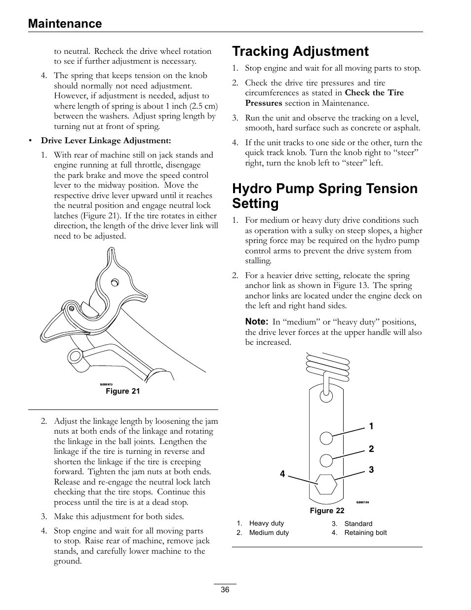 Tracking adjustment, Hydro pump spring tension setting, Maintenance | Exmark Turf Tracer S-Series TTS16KA363CA User Manual | Page 36 / 48