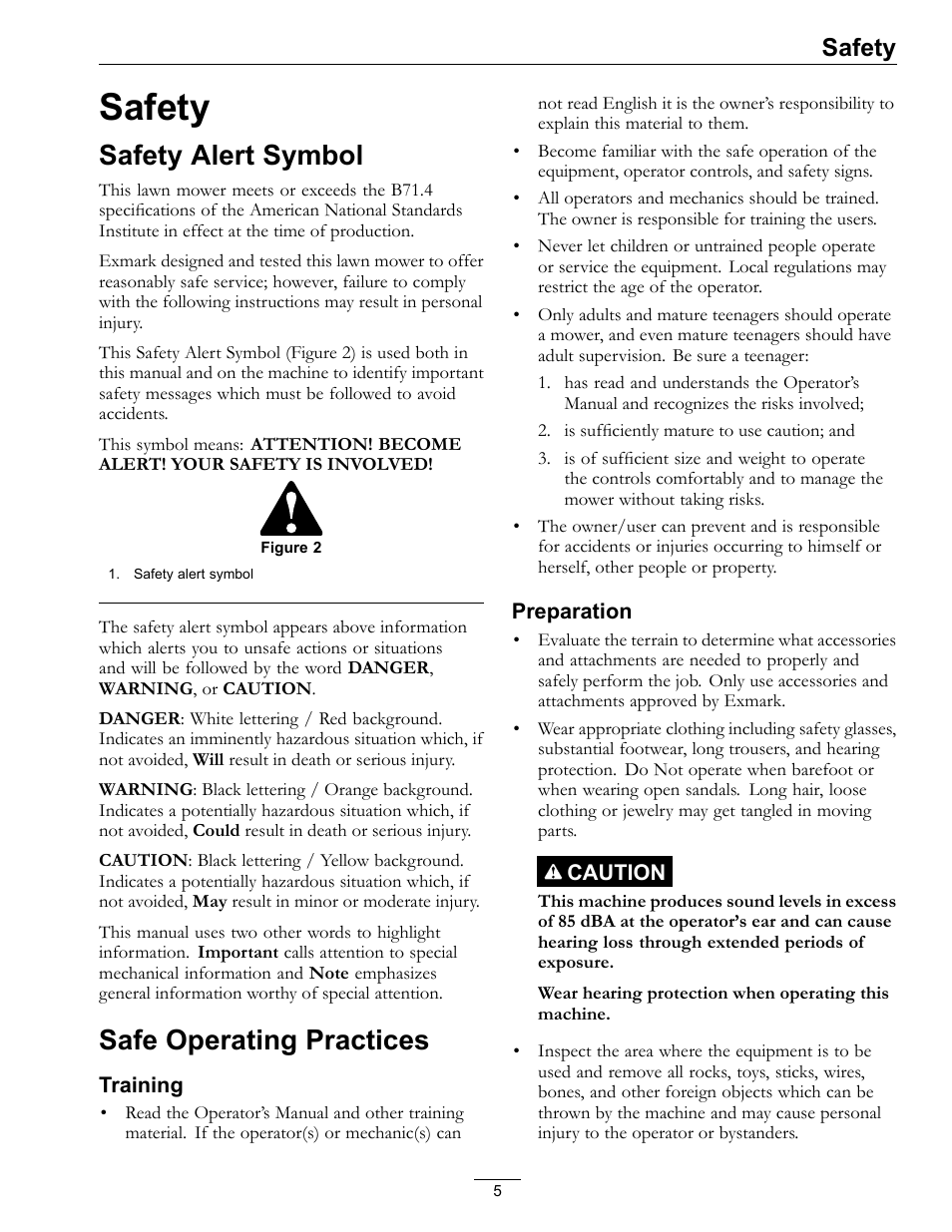 Safety, Safety alert symbol safe operating practices, Safety alert symbol | Safe operating practices | Exmark Turf Tracer S-Series TTS16KA363CA User Manual | Page 5 / 48