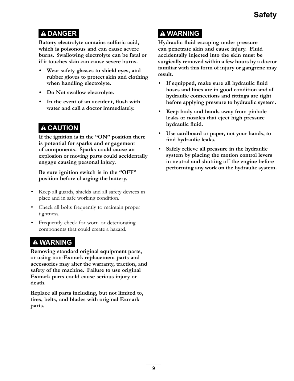 Safety | Exmark Turf Tracer S-Series TTS16KA363CA User Manual | Page 9 / 48