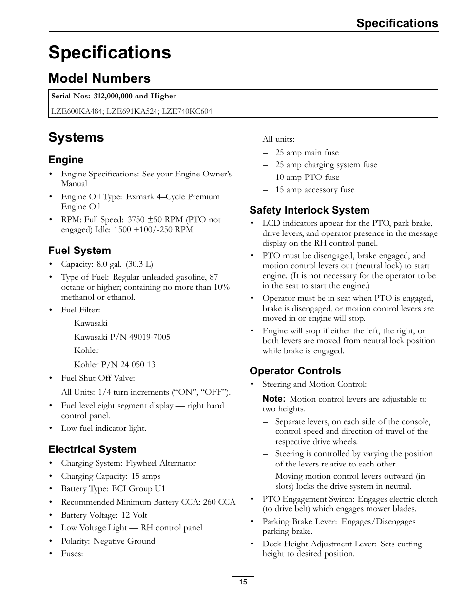 Specifications, Model numbers systems, Model numbers | Systems | Exmark lazer Z E-Series 312 User Manual | Page 15 / 60