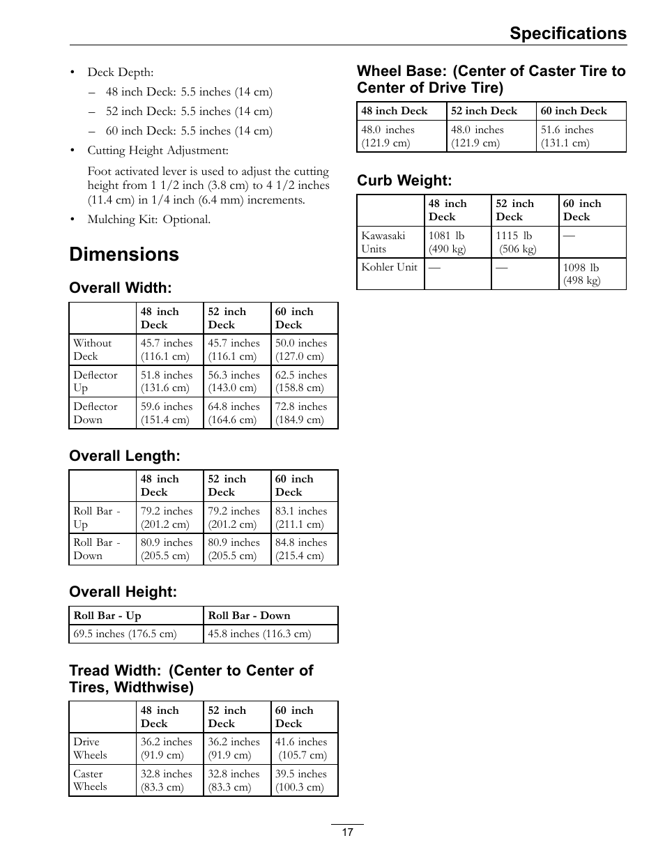Dimensions, Specifications | Exmark lazer Z E-Series 312 User Manual | Page 17 / 60