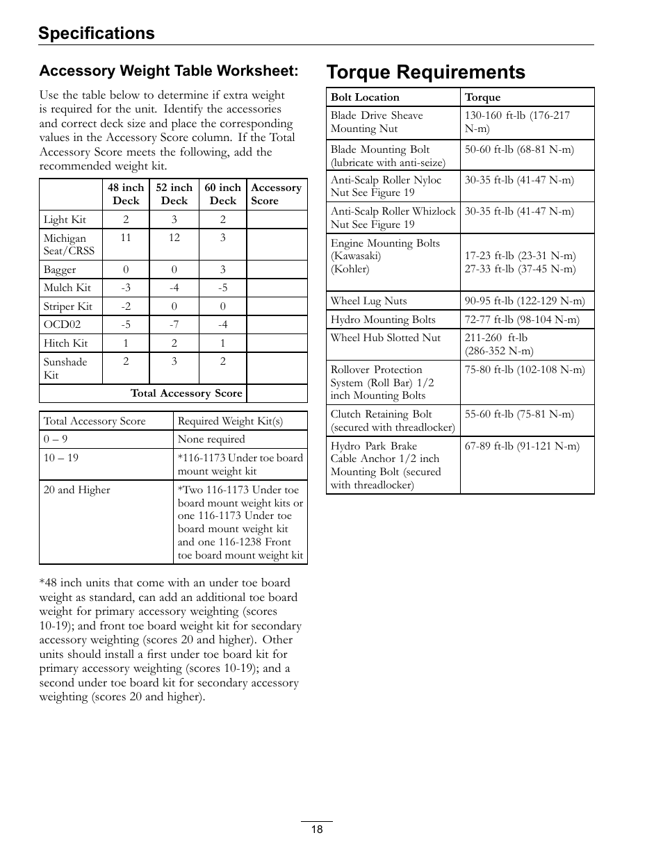Torque requirements, Specifications, Accessory weight table worksheet | Exmark lazer Z E-Series 312 User Manual | Page 18 / 60