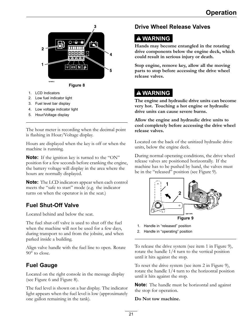 Figure 8, Operation, Fuel shut-off valve | Fuel gauge, Drive wheel release valves warning, Warning | Exmark lazer Z E-Series 312 User Manual | Page 21 / 60